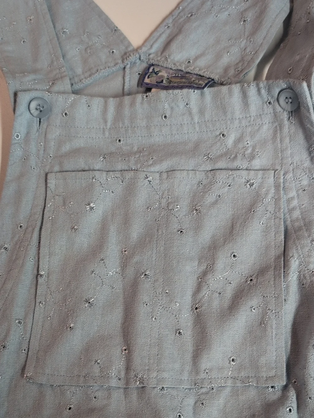 April Cornell Vintage Linen Blend Eyelet Cottagecore Slate Blue Overalls XS EUC
